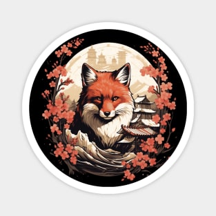 Red Fox Japanese Art with Sakura Trees Magnet